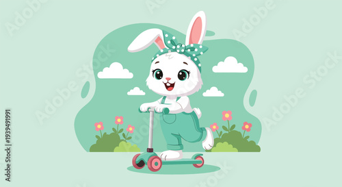 Cute cartoon bunny riding a scooter in a vibrant spring landscape.