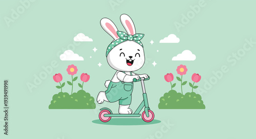Cute cartoon bunny riding scooter in a vibrant spring garden.