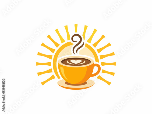 Coffee cup logo with sun rays and latte art heart on white background