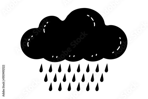 A bold, solid black cloud icon with numerous distinct teardrop-shaped raindrops falling beneath it, creating a strong visual representation of heavy rainfall.