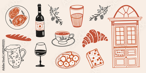 A collection of charming illustrations depicting french food and architectural elements