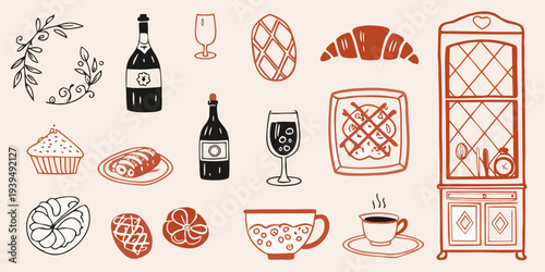 Stylized illustration of pastries wine and kitchen elements in warm tones