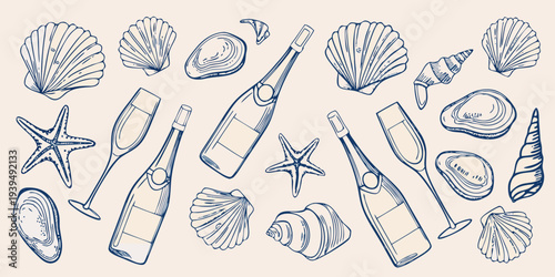 Vintage style illustration of seashells starfish and champagne bottles