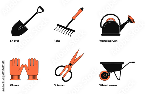 Six distinct labeled gardening tool icons, featuring black silhouettes with orange highlights, representing essential equipment for home gardening tasks.