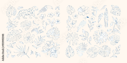 Stylized jungle scene with animals plants and tropical foliage