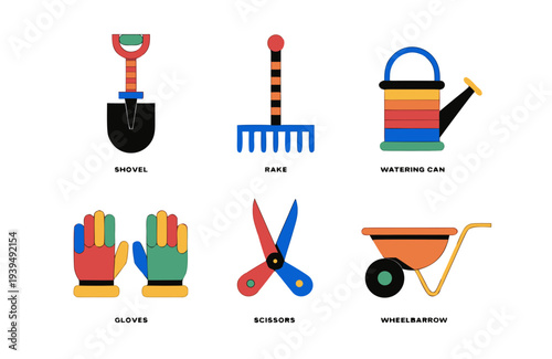 A vibrant set of six labeled gardening tool icons, showcasing multicolored designs for shovel, rake, watering can, gloves, scissors, and wheelbarrow.