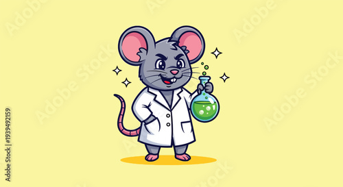 Cute Cartoon Mouse Scientist Holding a Green Potion Flask.