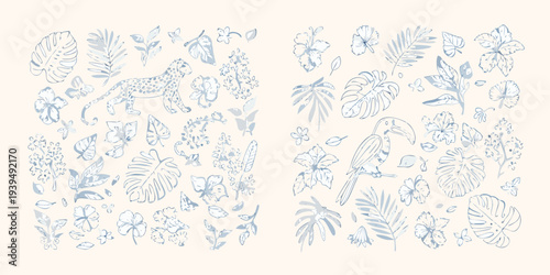 Tropical botanical illustration featuring a jaguar birds and lush foliage