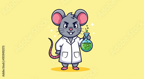 Cute Cartoon Mouse Scientist Holding Chemical Flask.