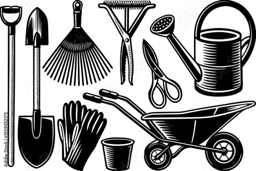 A detailed grayscale collection of gardening tools, presented in an antique or etched style, showcasing various essential items for garden work and cultivation.