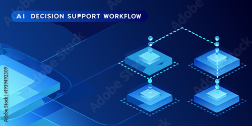 Ai decision support workflow illustrated with connected glowing cube platforms