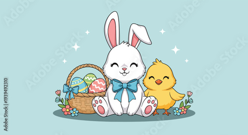 Cute Easter Bunny and Chick with Basket of Eggs 2.
