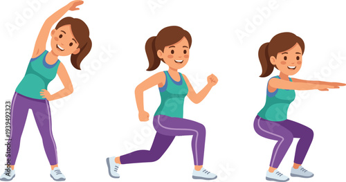 Young woman performing fitness exercises in three poses, healthy lifestyle workout cartoon vector illustration.