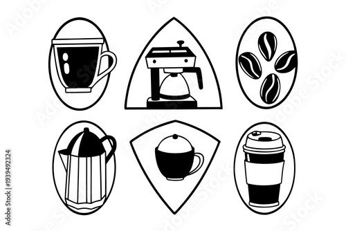 A collection of minimalist black and white coffee-themed icons presented within various outlined shapes, illustrating different aspects of coffee preparation and enjoyment.