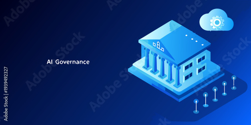 Isometric illustration depicts ai governance with a building and gears
