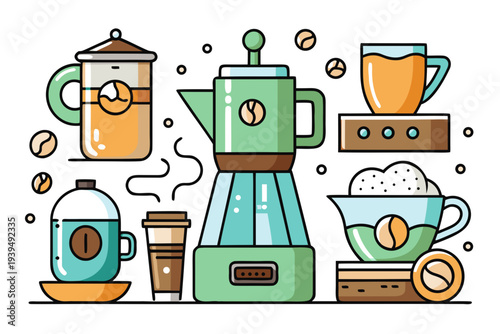 A vibrant and modern flat design illustration showcasing an assortment of colorful coffee-making equipment and accessories, including various cups and brewing methods.