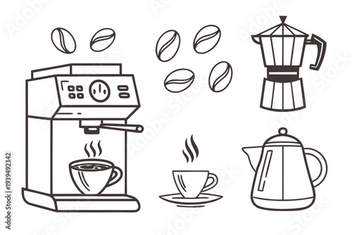 A clean line art composition showcasing a modern espresso machine, a classic Moka pot, an elegant coffee kettle, and floating coffee beans, emphasizing brewing essentials.