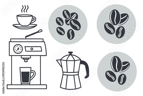 A detailed line art illustration featuring an espresso machine brewing a steaming cup of coffee alongside a classic Moka pot and several scattered coffee beans.