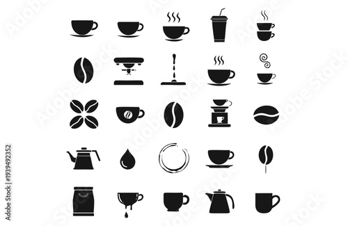 A comprehensive grid of black silhouette icons representing various coffee elements, including cups, beans, brewing equipment, and abstract coffee shapes.