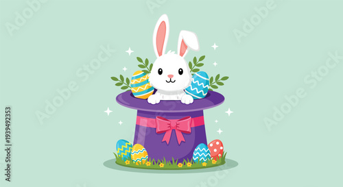 Cute Easter Bunny in a Magic Hat with Colorful Eggs and Green Leaves 1.