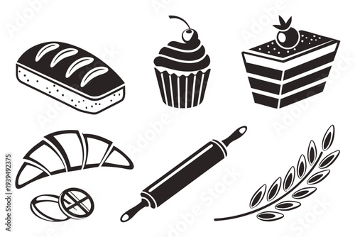 A focused set of black silhouette and line art icons illustrating essential bakery items and tools, like bread, cupcake, cake slice, croissant, and rolling pin.