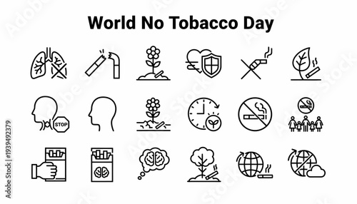 World No Tobacco Day Icons: Lungs, Stop Smoking, Health, Plant Growth