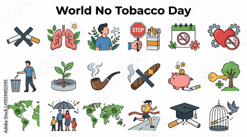 World No Tobacco Day Icons: Health, Quit Smoking, Stop Smoking