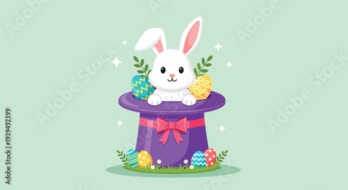 Cute Easter Bunny in a Magic Hat with Colorful Eggs 1.