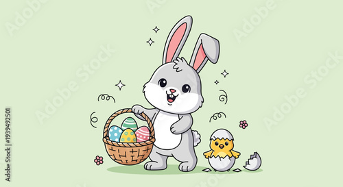 Cute Easter bunny with basket of eggs and chick 2.