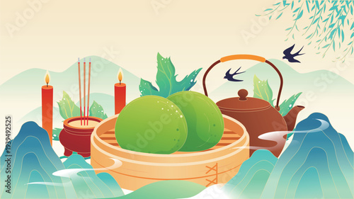 Traditional Qingtuan and cultural scene for the Qingming Festival