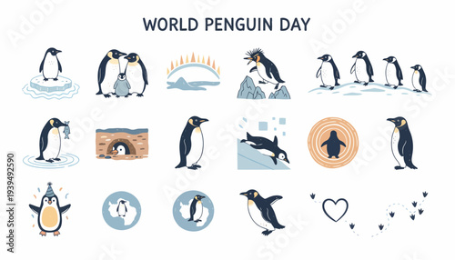 World Penguin Day Celebration Icons and Illustrations