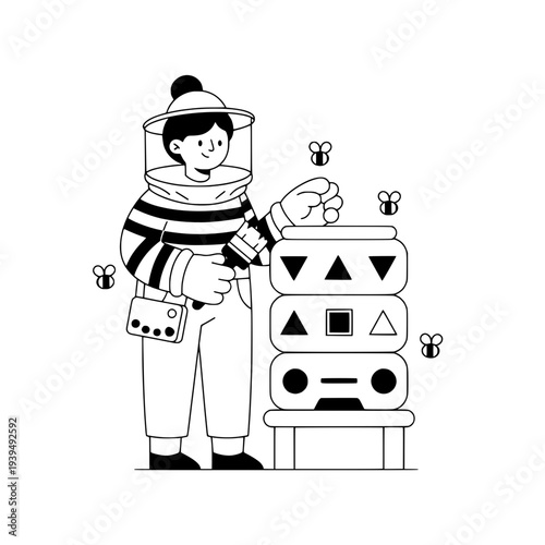Minimalist Beekeeper Illustration or Monochromatic Apiary Keeper Graphic