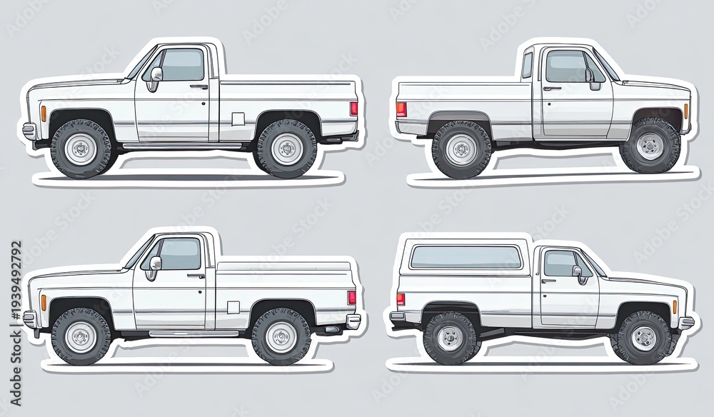 Naklejka premium Collection of White Pickup Trucks Side View