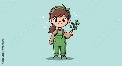 Cute Little Girl Gardener Holding a Plant Twig.