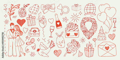 Hand drawn collection of romantic symbols love gifts and celebrations