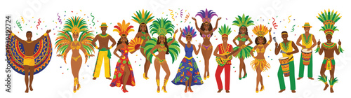 Brazilian Carnival Dancers and Musicians Vector Illustration Set with Samba Parade People in Colorful Feathered Costumes Isolated on White Background for Festival Design