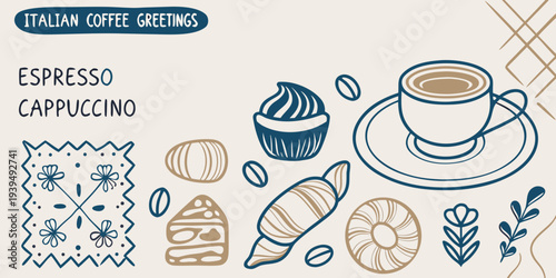 Italian coffee drinks and pastries illustrated with a hand drawn aesthetic