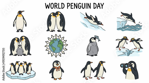World Penguin Day Icons: Cute Penguins in Various Actions