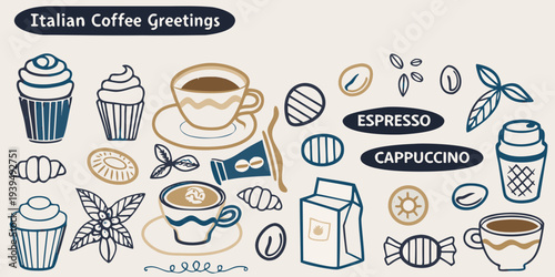 Italian coffee elements and treats in a hand drawn illustration style