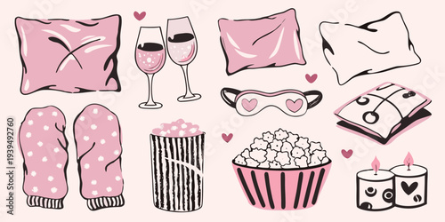 Cozy night in pillows champagne popcorn and self care items illustrated