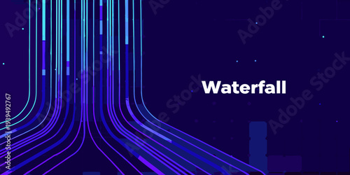 Abstract digital waterfall of flowing lines with blue and purple hues