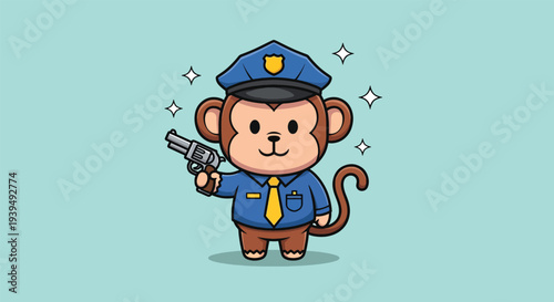 Cute Monkey Police Officer Holding a Gun Vector.