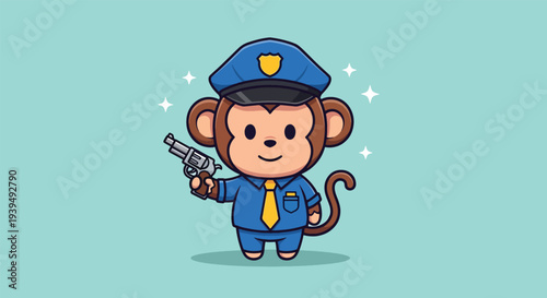 Cute Monkey Police Officer Holding a Gun Illustration.