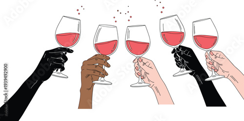 Five diverse hands holding wine glasses raised in celebratory toast, clinking red wine, symbolizing unity, diversity, festivity, social gathering vector illustration