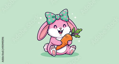 Cute Pink Bunny with Bow Holding Carrot Vector.