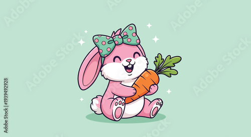 Cute Pink Bunny with Bow Holding Carrot Vector Illustration.