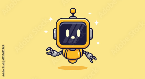 Cute Robot Character Floating with Sparkles.
