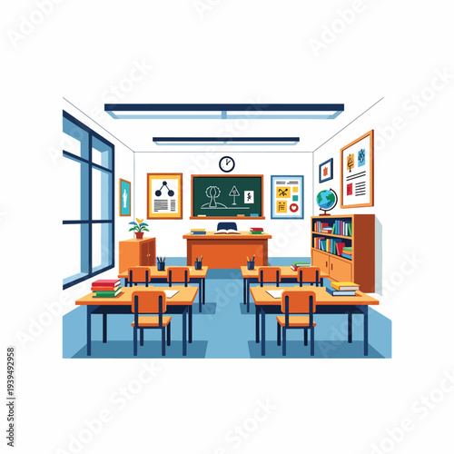 Classroom with desks and educational materials.