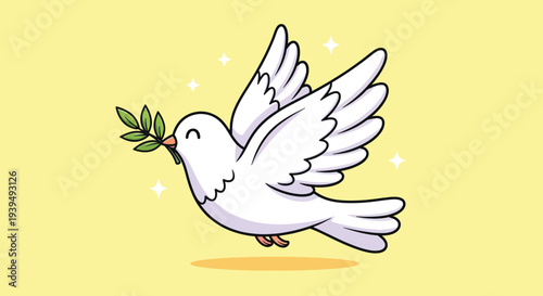 Cute White Dove Flying with Olive Branch Cartoon Illustration.