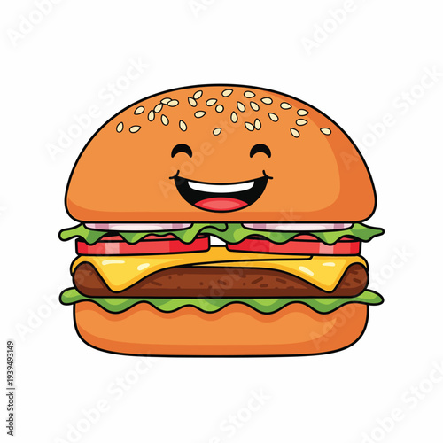 Smiling Cartoon Cheeseburger with Sesame Seeds.